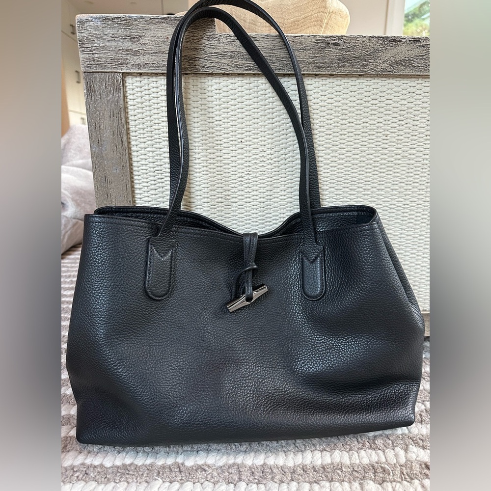 Longchamp Black Pebbled Leather Tote with Toggle
